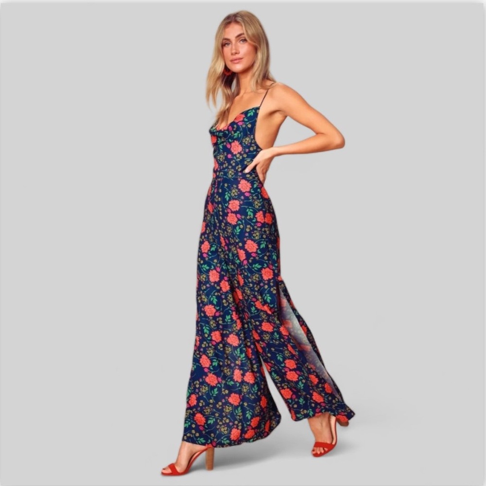 NWT Finders Keepers Hana floral Jumpsuit wide leg slit cowl neck size S